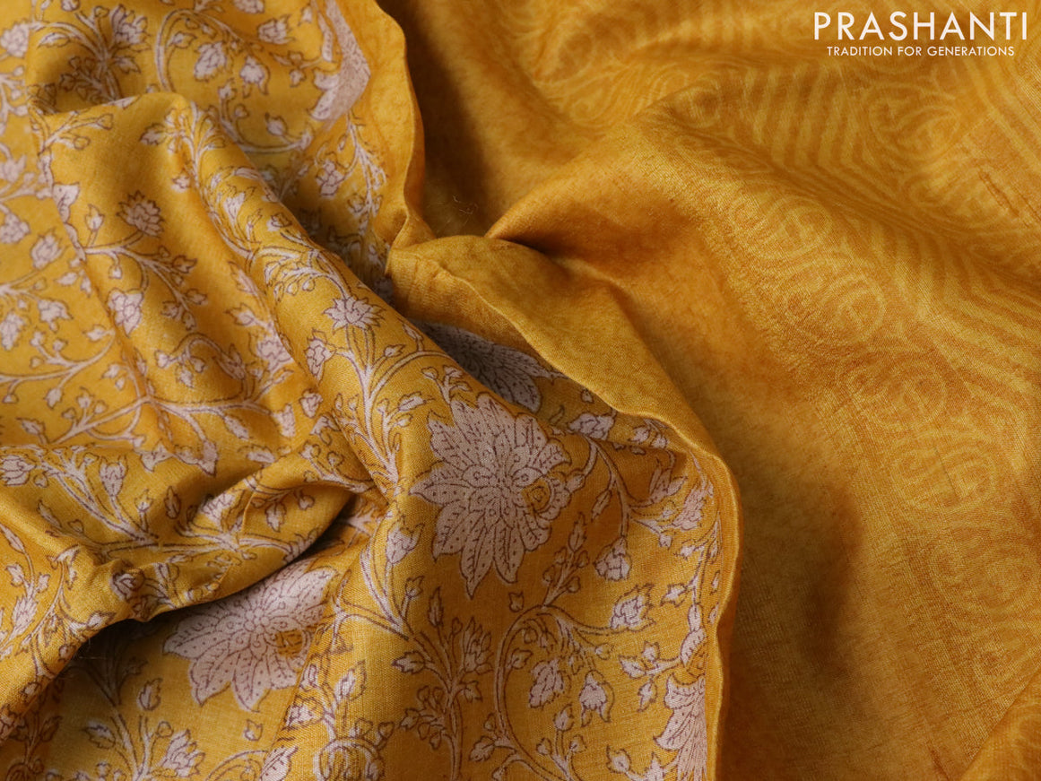 Pure tussar silk saree yellow with allover floral prints and printed border