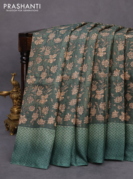 Pure tussar silk saree dark green with allover floral prints and printed border