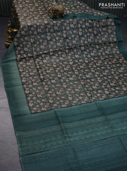 Pure tussar silk saree dark green with allover floral prints and printed border