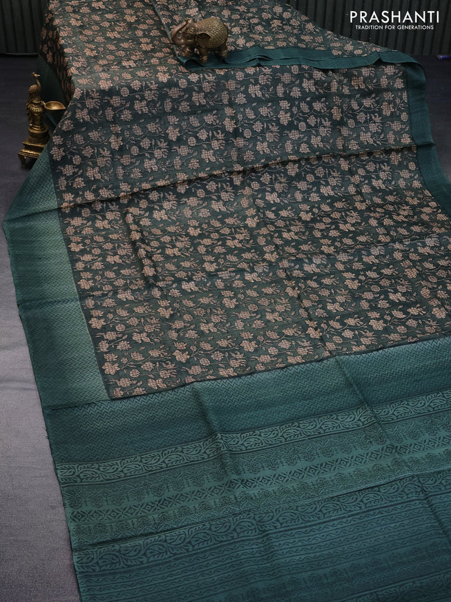 Pure tussar silk saree dark green with allover floral prints and printed border