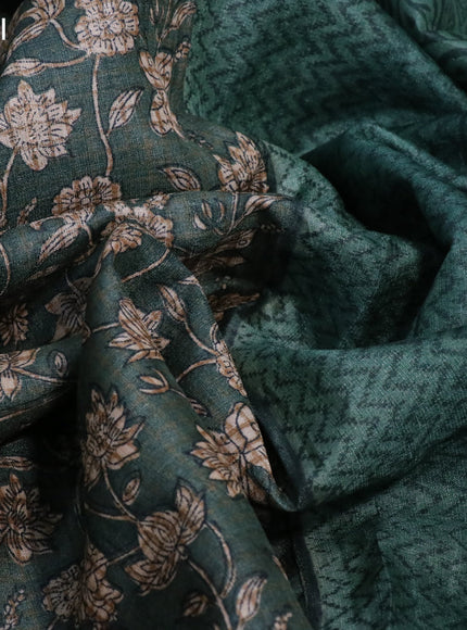 Pure tussar silk saree dark green with allover floral prints and printed border