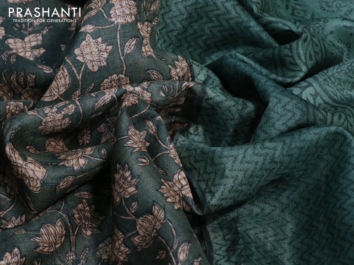 Pure tussar silk saree dark green with allover floral prints and printed border