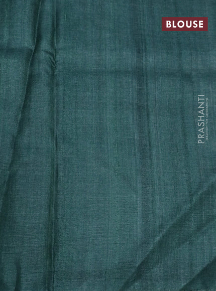 Pure tussar silk saree dark green with allover floral prints and printed border