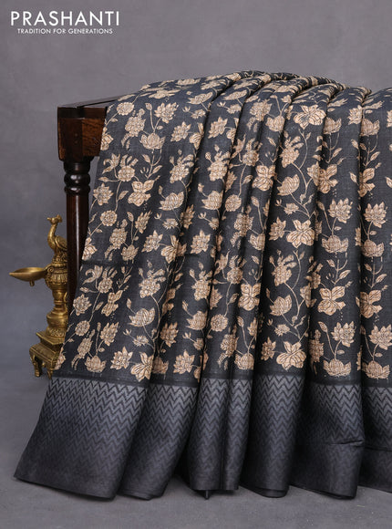 Pure tussar silk saree black and grey with allover floral prints and printed border