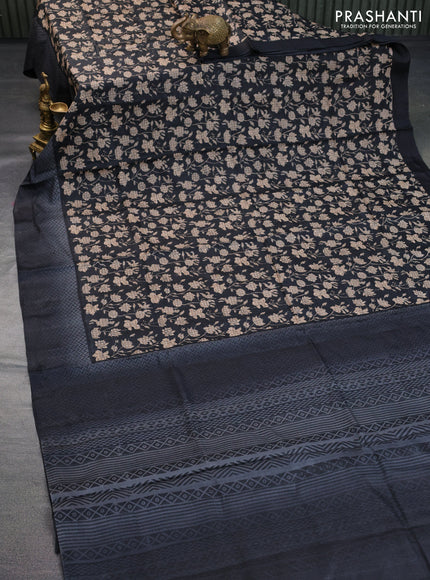 Pure tussar silk saree black and grey with allover floral prints and printed border