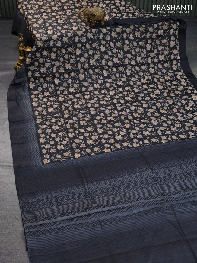 Pure tussar silk saree black and grey with allover floral prints and printed border