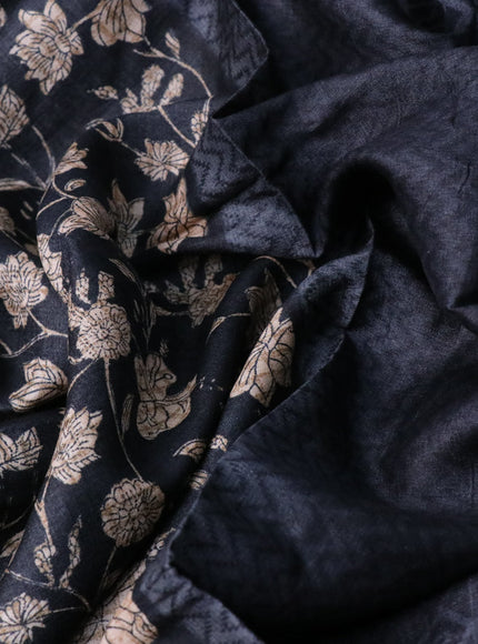 Pure tussar silk saree black and grey with allover floral prints and printed border