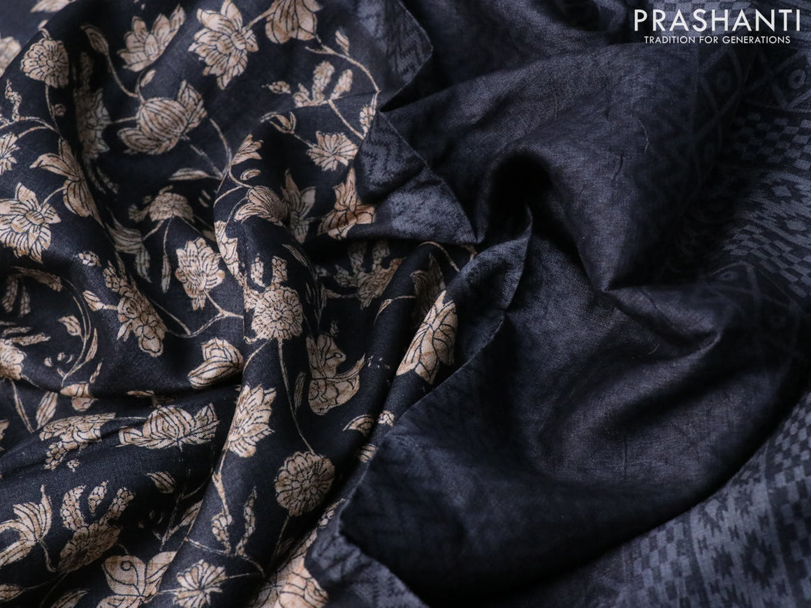 Pure tussar silk saree black and grey with allover floral prints and printed border