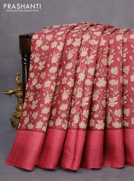 Pure tussar silk saree maroon shade with allover floral prints and printed border