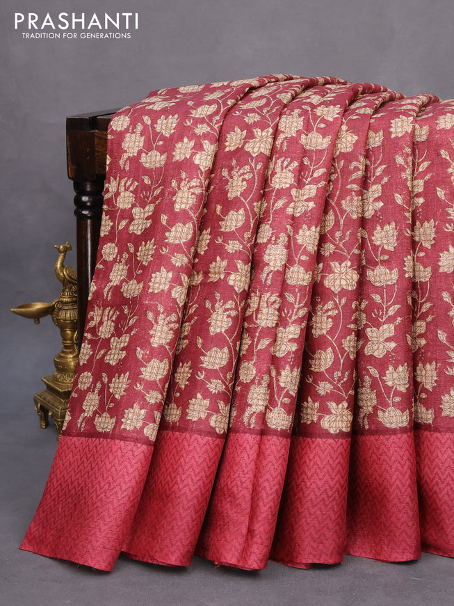 Pure tussar silk saree maroon shade with allover floral prints and printed border