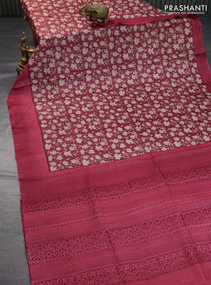 Pure tussar silk saree maroon shade with allover floral prints and printed border