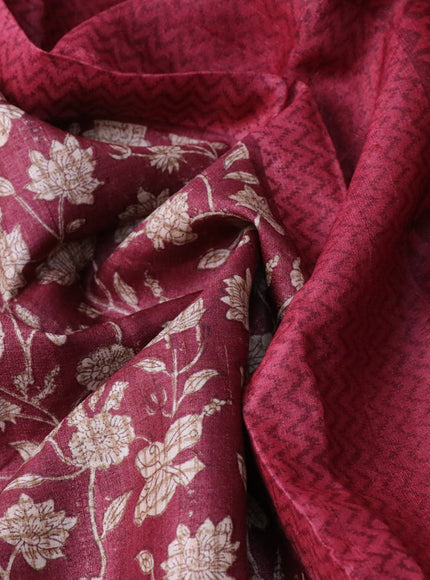 Pure tussar silk saree maroon shade with allover floral prints and printed border