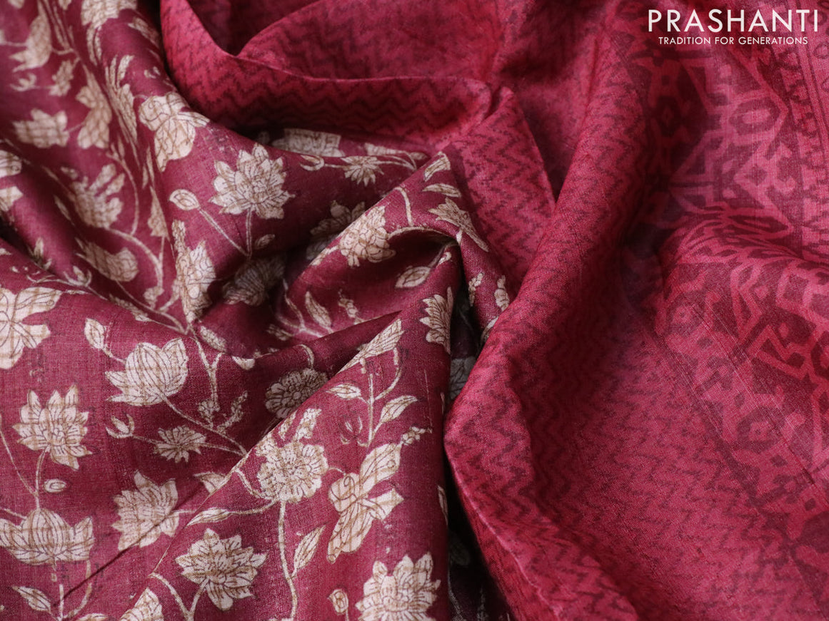 Pure tussar silk saree maroon shade with allover floral prints and printed border