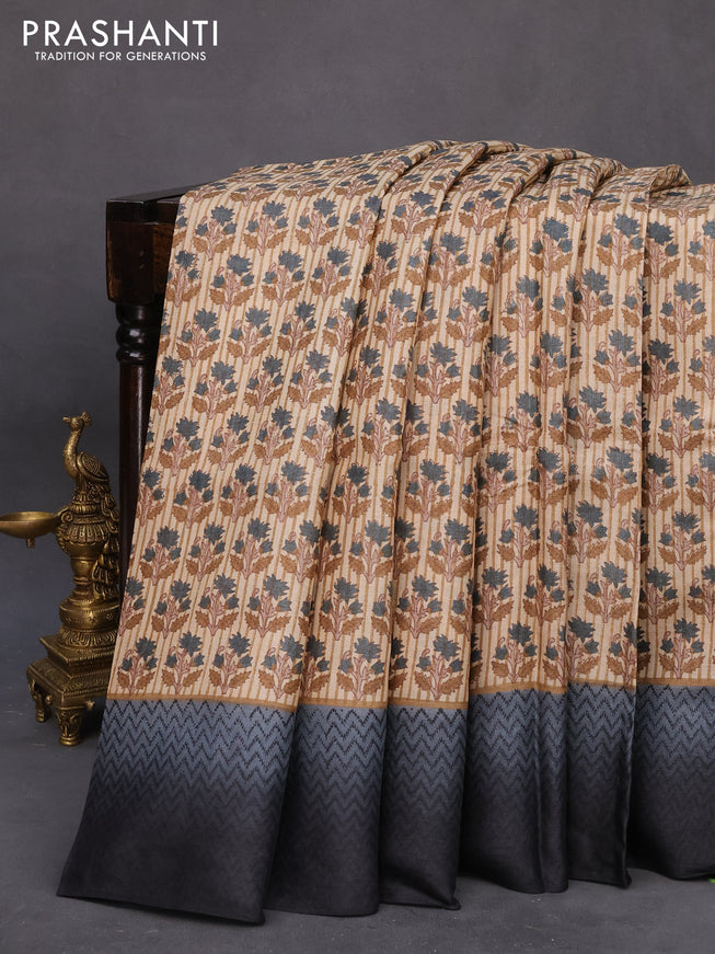 Pure tussar silk saree beige and grey black with allover floral prints and printed border