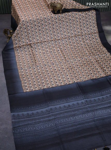 Pure tussar silk saree beige and grey black with allover floral prints and printed border