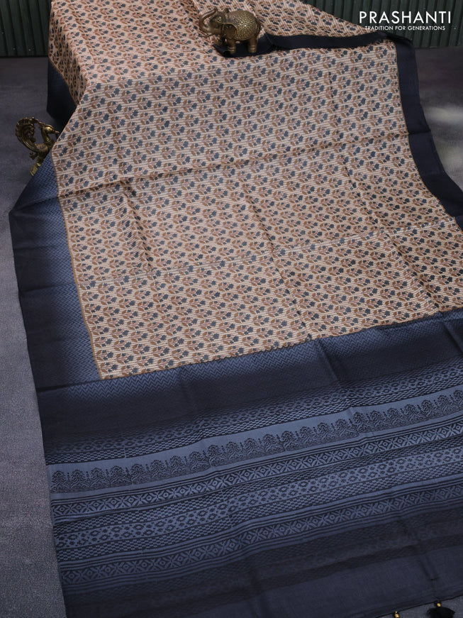 Pure tussar silk saree beige and grey black with allover floral prints and printed border