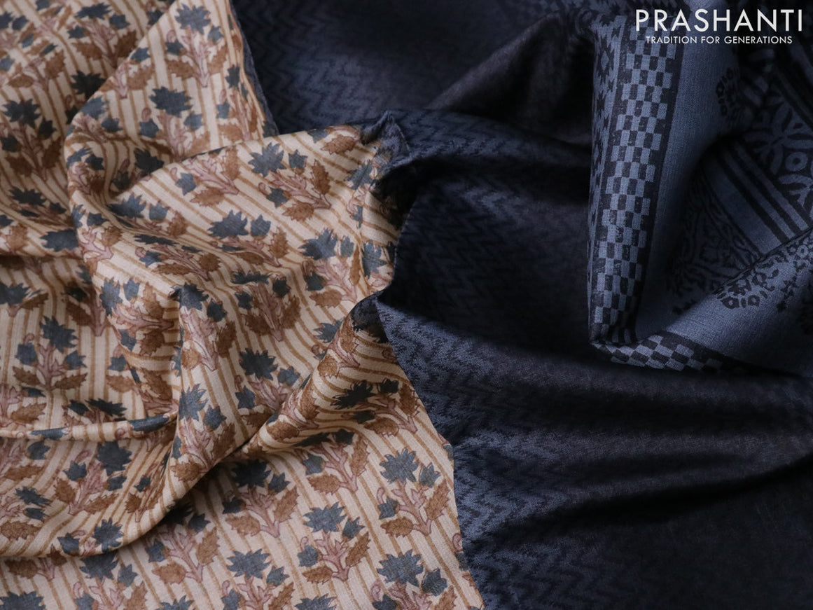 Pure tussar silk saree beige and grey black with allover floral prints and printed border