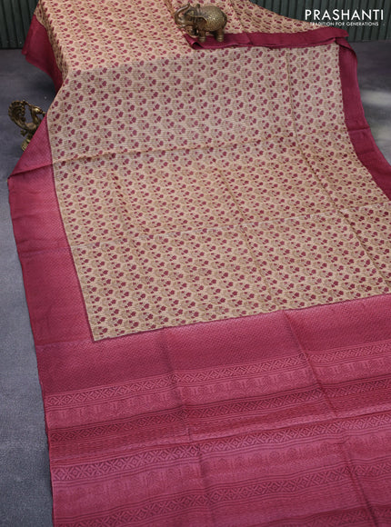 Pure tussar silk saree sandal and maroon with allover floral prints and printed border