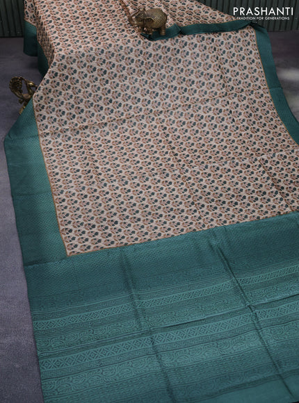 Pure tussar silk saree beige and green shade with allover butta prints and printed border