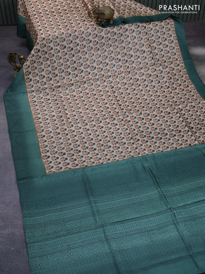 Pure tussar silk saree beige and green shade with allover butta prints and printed border