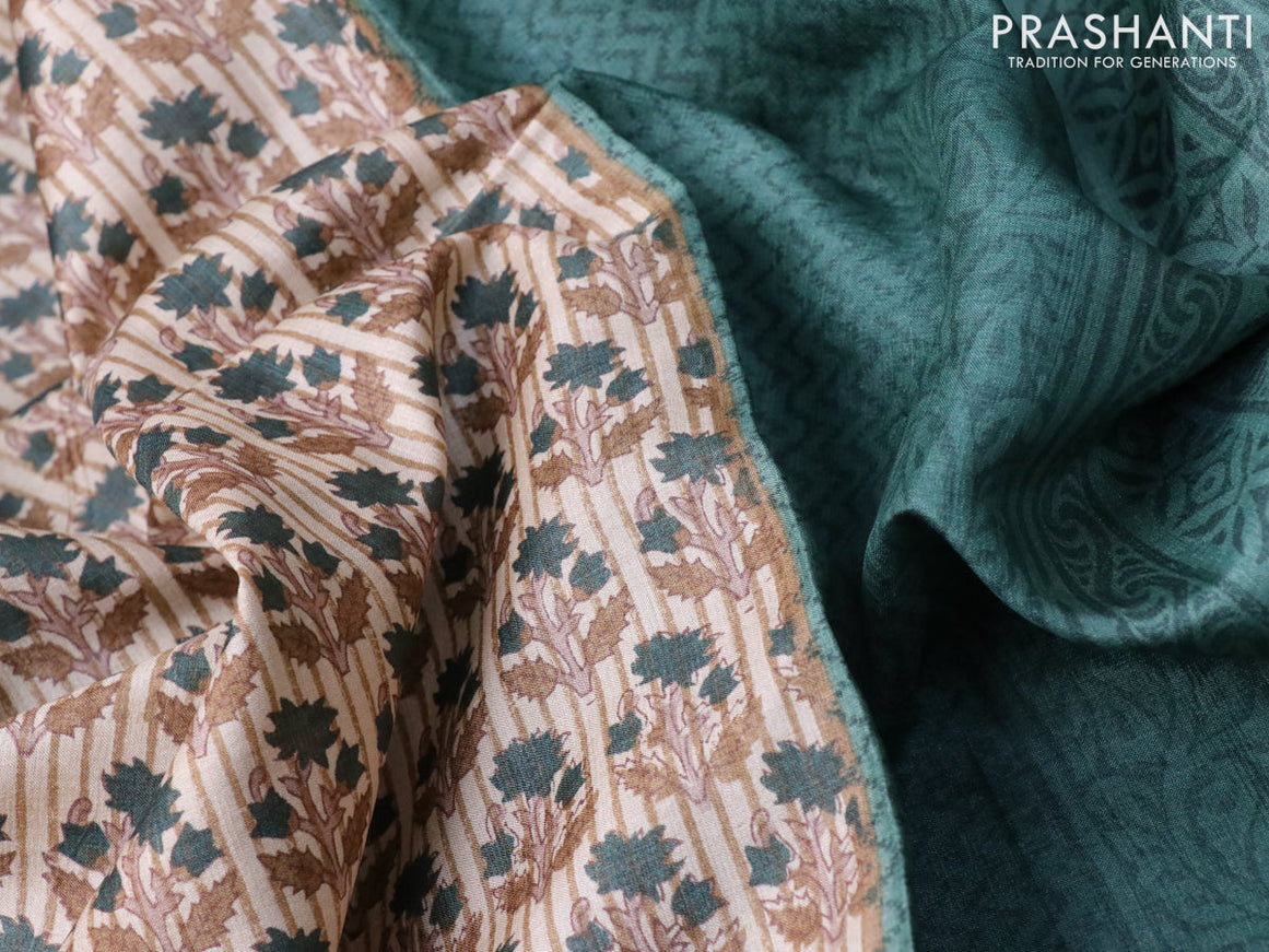 Pure tussar silk saree beige and green shade with allover butta prints and printed border