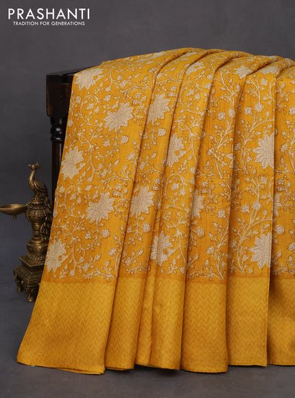 Pure tussar silk saree mustard yellow with allover floral prints and printed border