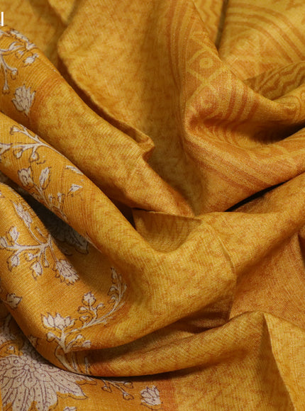 Pure tussar silk saree mustard yellow with allover floral prints and printed border