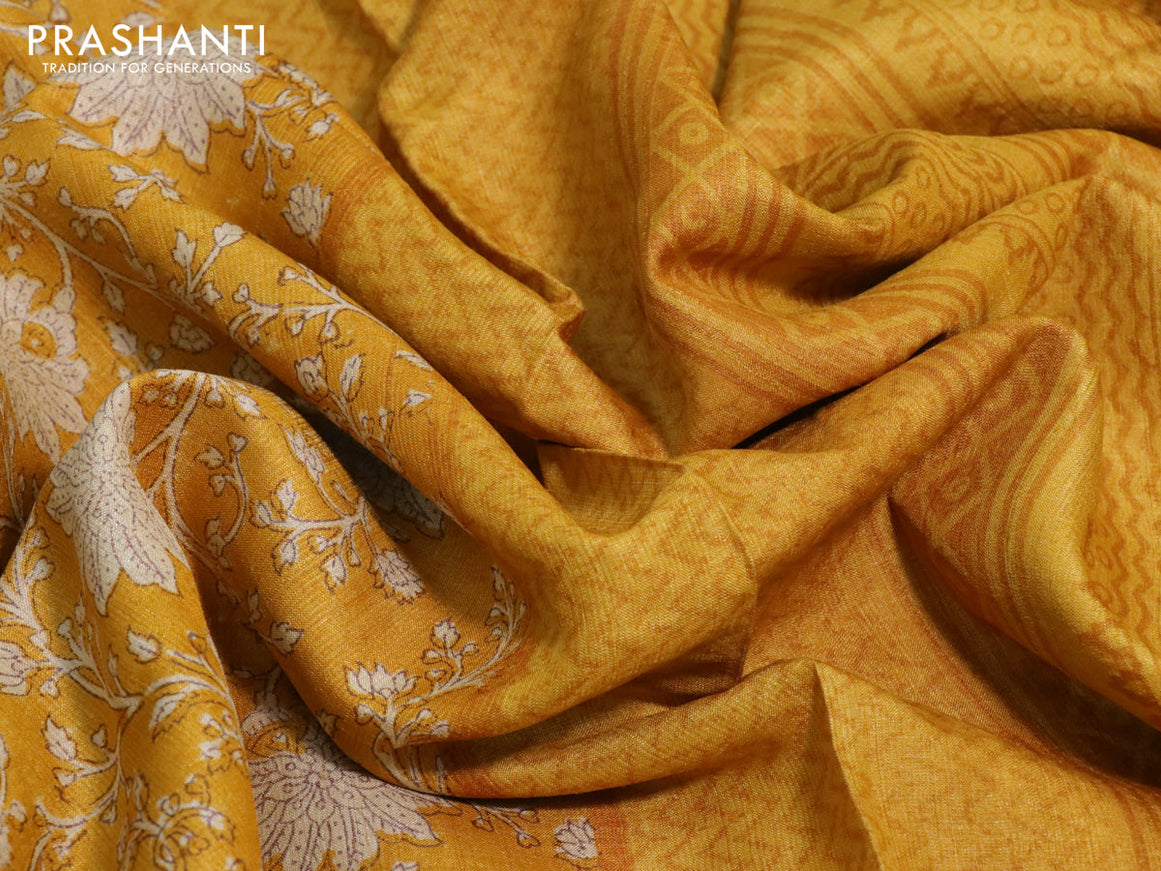 Pure tussar silk saree mustard yellow with allover floral prints and printed border