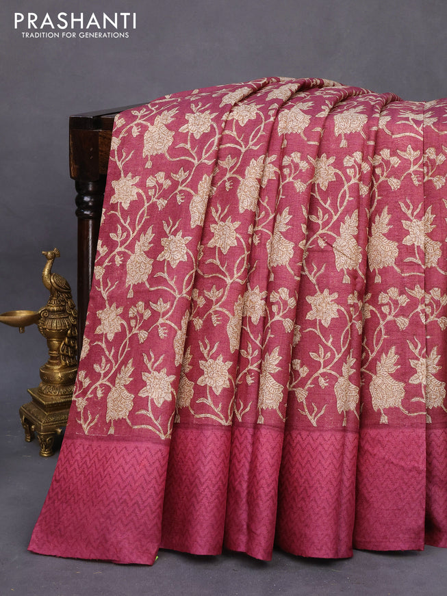 Pure tussar silk saree maroon with allover floral prints and printed border