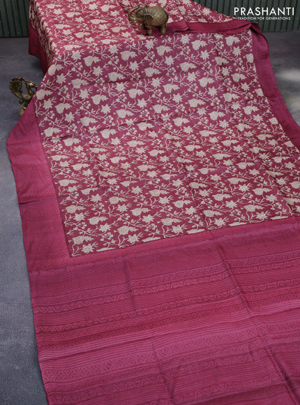 Pure tussar silk saree maroon with allover floral prints and printed border