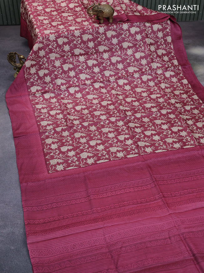 Pure tussar silk saree maroon with allover floral prints and printed border