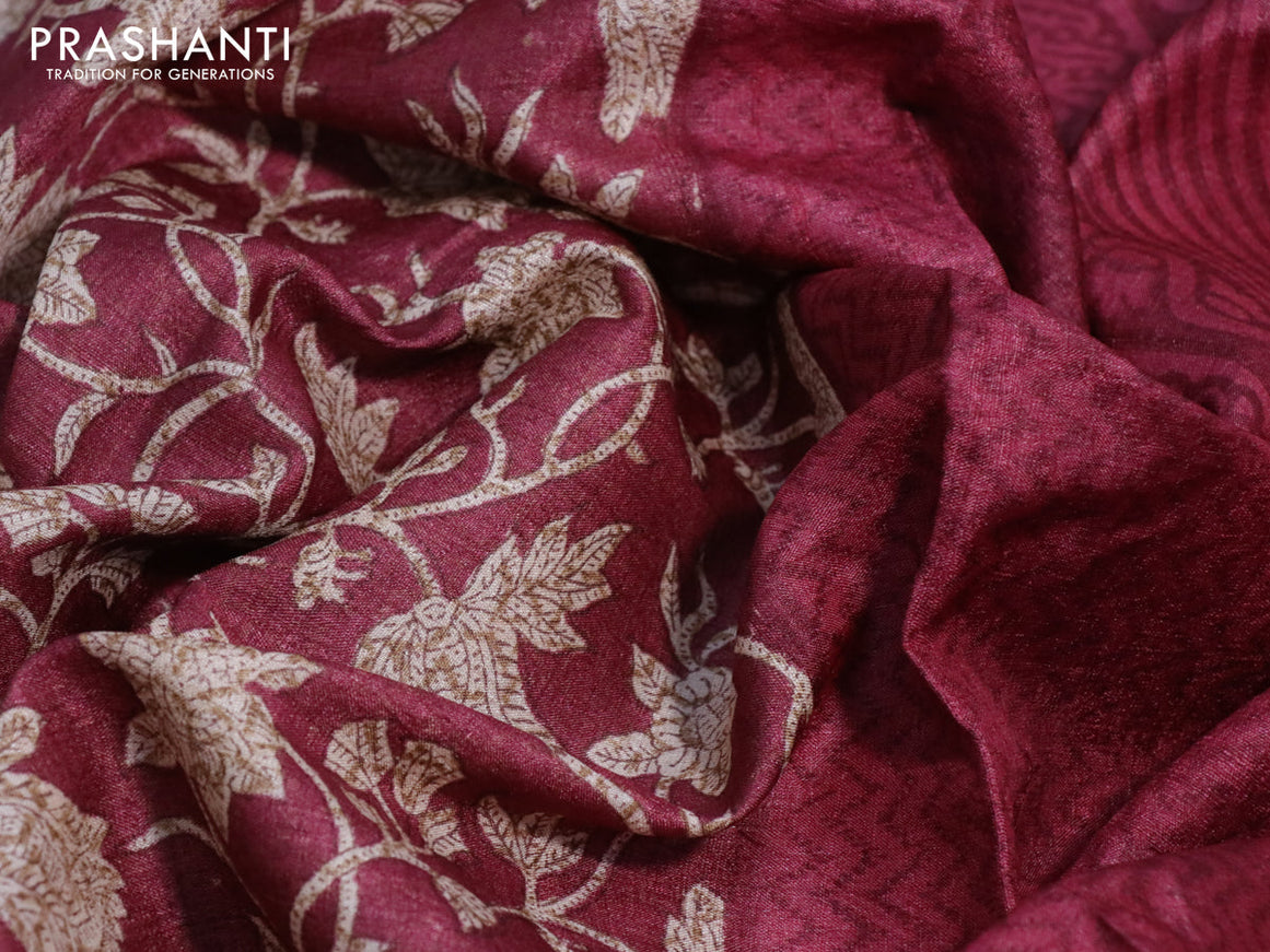 Pure tussar silk saree maroon with allover floral prints and printed border