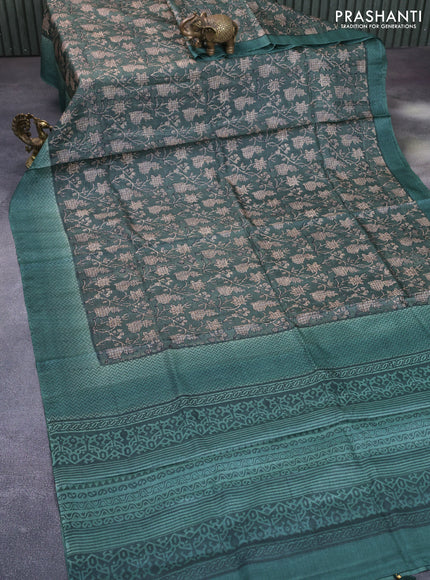 Pure tussar silk saree green shade with allover floral prints and printed border