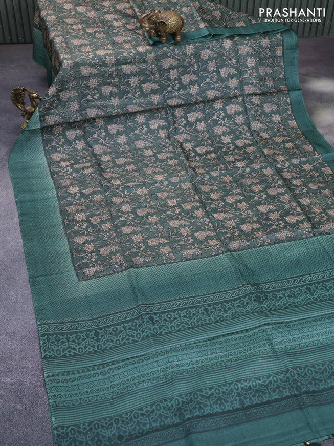 Pure tussar silk saree green shade with allover floral prints and printed border