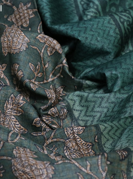 Pure tussar silk saree green shade with allover floral prints and printed border