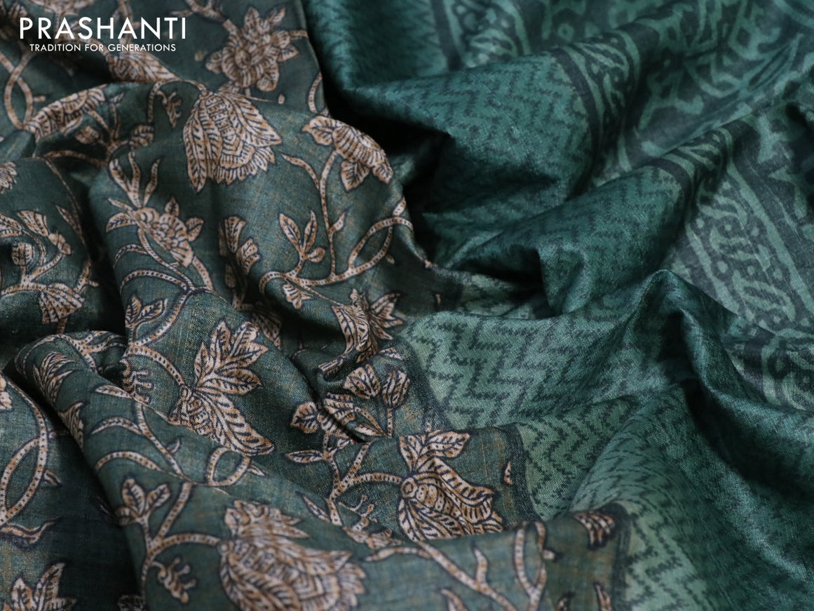 Pure tussar silk saree green shade with allover floral prints and printed border