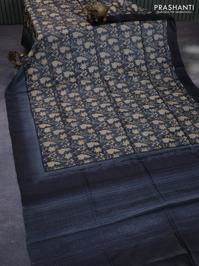 Pure tussar silk saree grey with allover floral prints and printed border