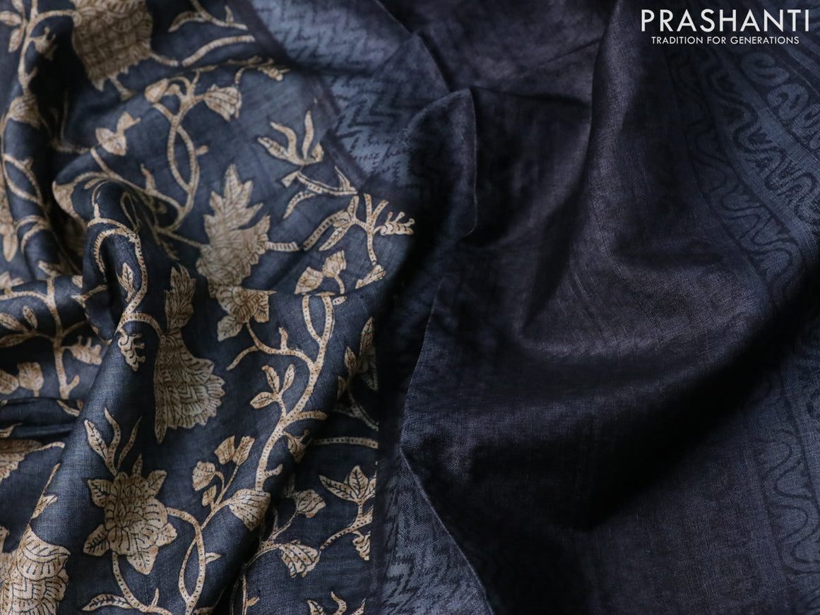 Pure tussar silk saree grey with allover floral prints and printed border