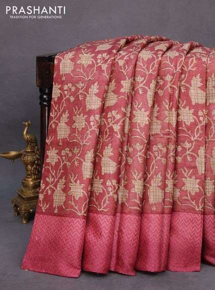 Pure tussar silk saree maroon and pink shade with allover floral prints and printed border