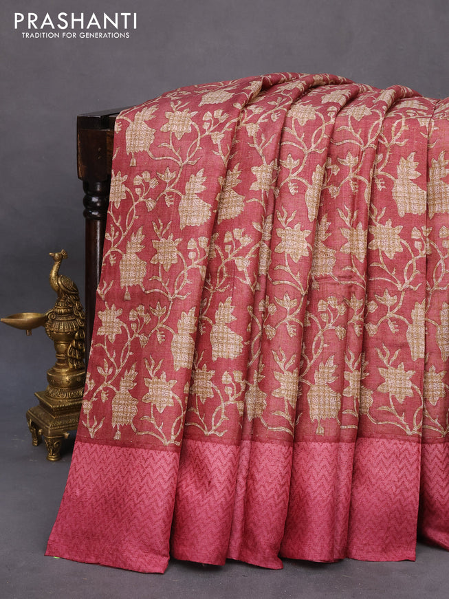 Pure tussar silk saree maroon and pink shade with allover floral prints and printed border