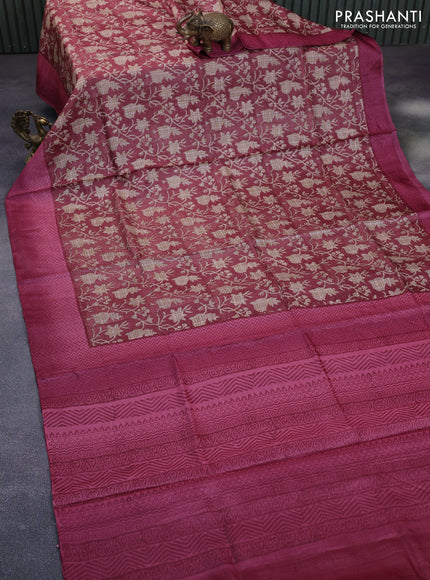 Pure tussar silk saree maroon and pink shade with allover floral prints and printed border