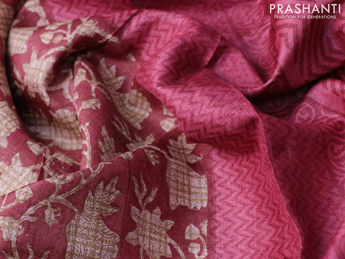 Pure tussar silk saree maroon and pink shade with allover floral prints and printed border