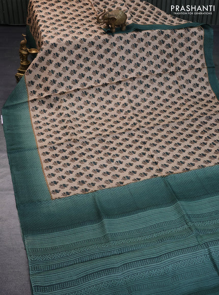 Pure tussar silk saree beige and green shade with allover floral butta prints and printed border