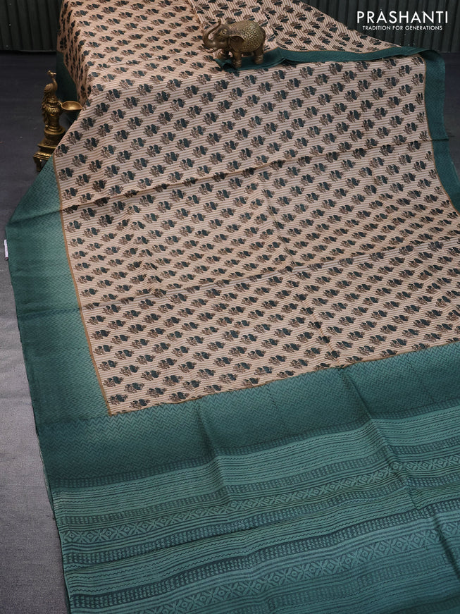 Pure tussar silk saree beige and green shade with allover floral butta prints and printed border