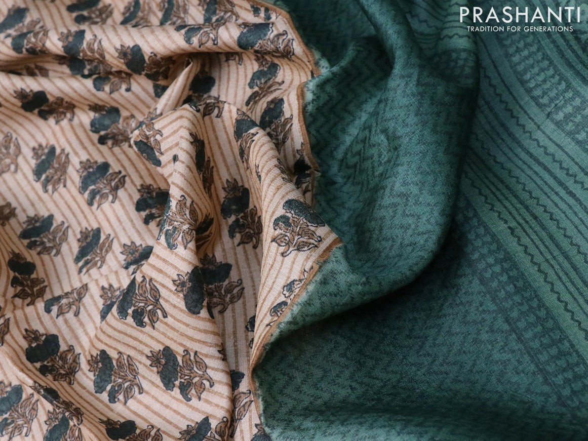 Pure tussar silk saree beige and green shade with allover floral butta prints and printed border