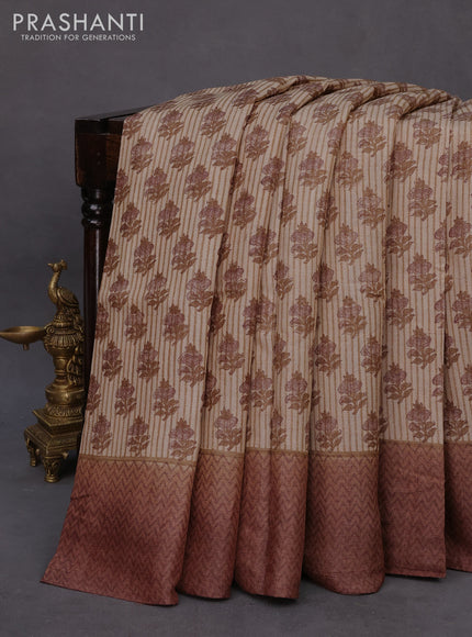 Pure tussar silk saree beige and brown with allover floral butta prints and printed border