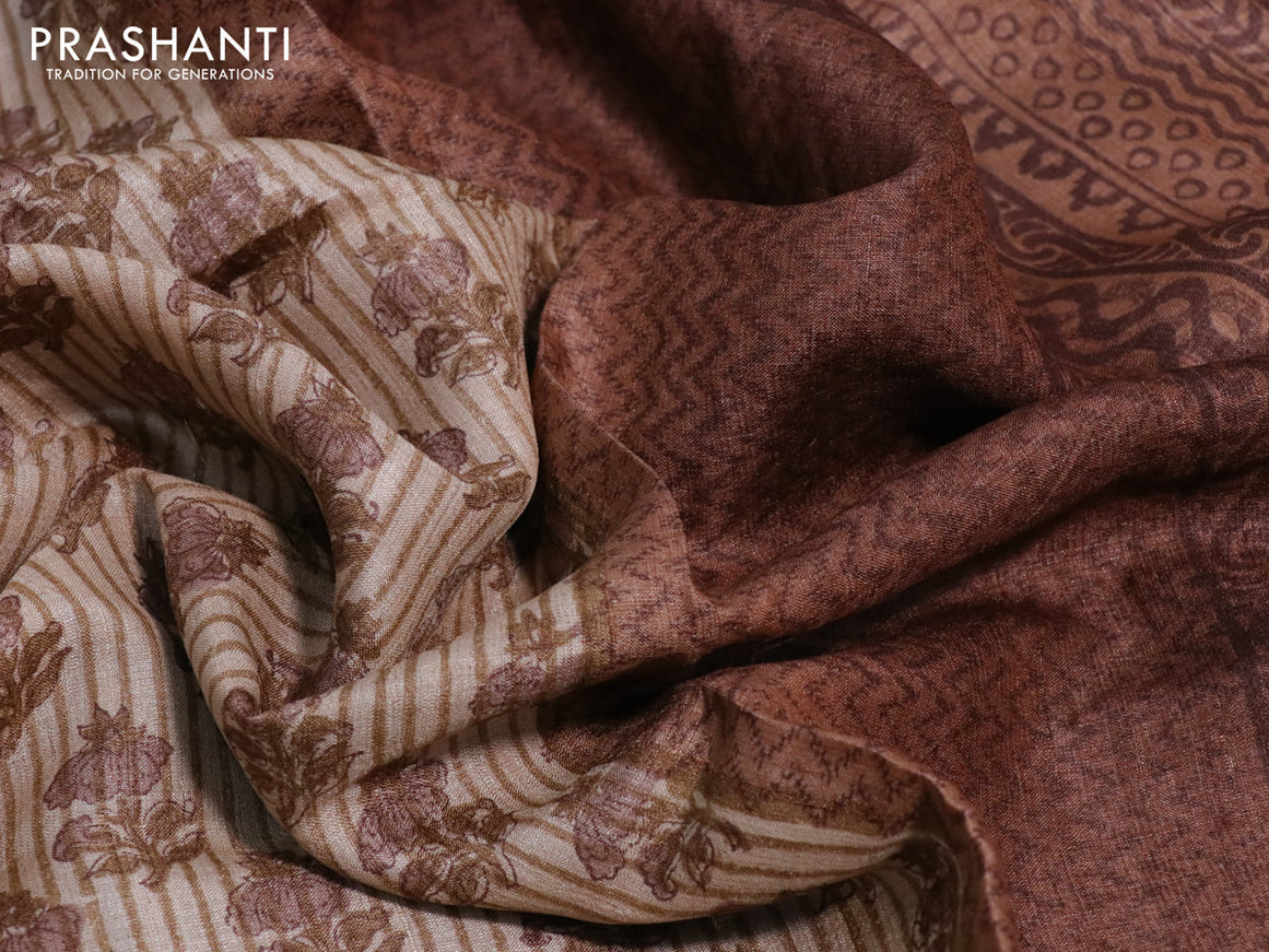 Pure tussar silk saree beige and brown with allover floral butta prints and printed border