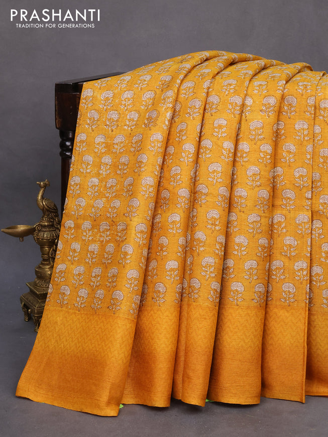 Pure tussar silk saree yellow with allover floral butta prints and printed border