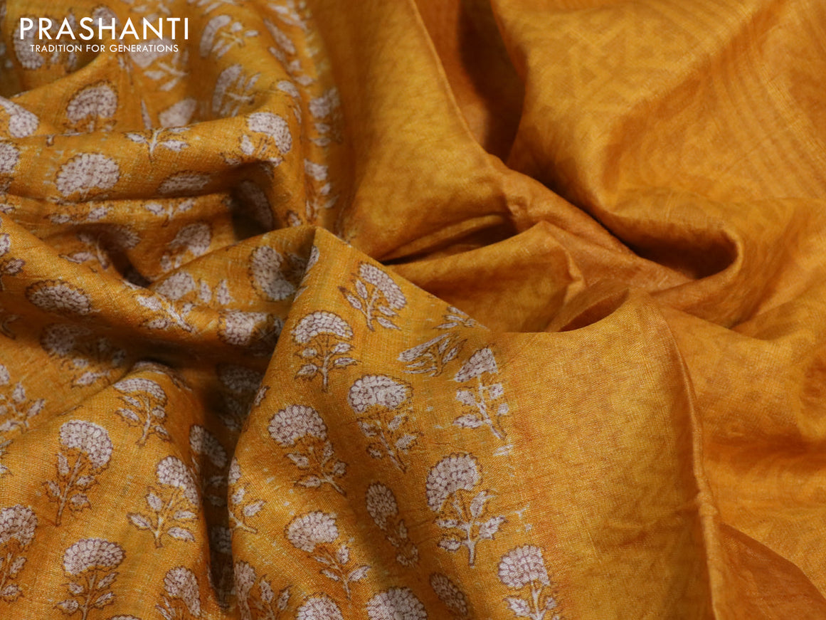 Pure tussar silk saree yellow with allover floral butta prints and printed border