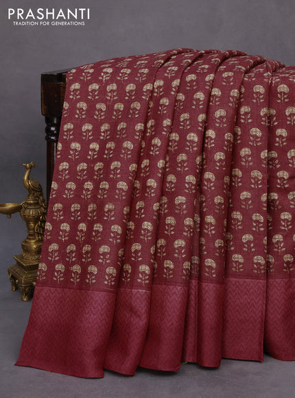 Pure tussar silk saree maroon and pink shade with allover floral butta prints and printed border